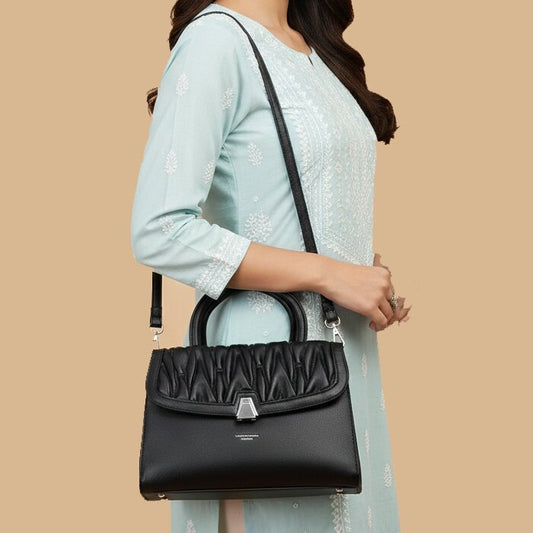 Premium Pleated Flap Handbag with Metallic Clasp