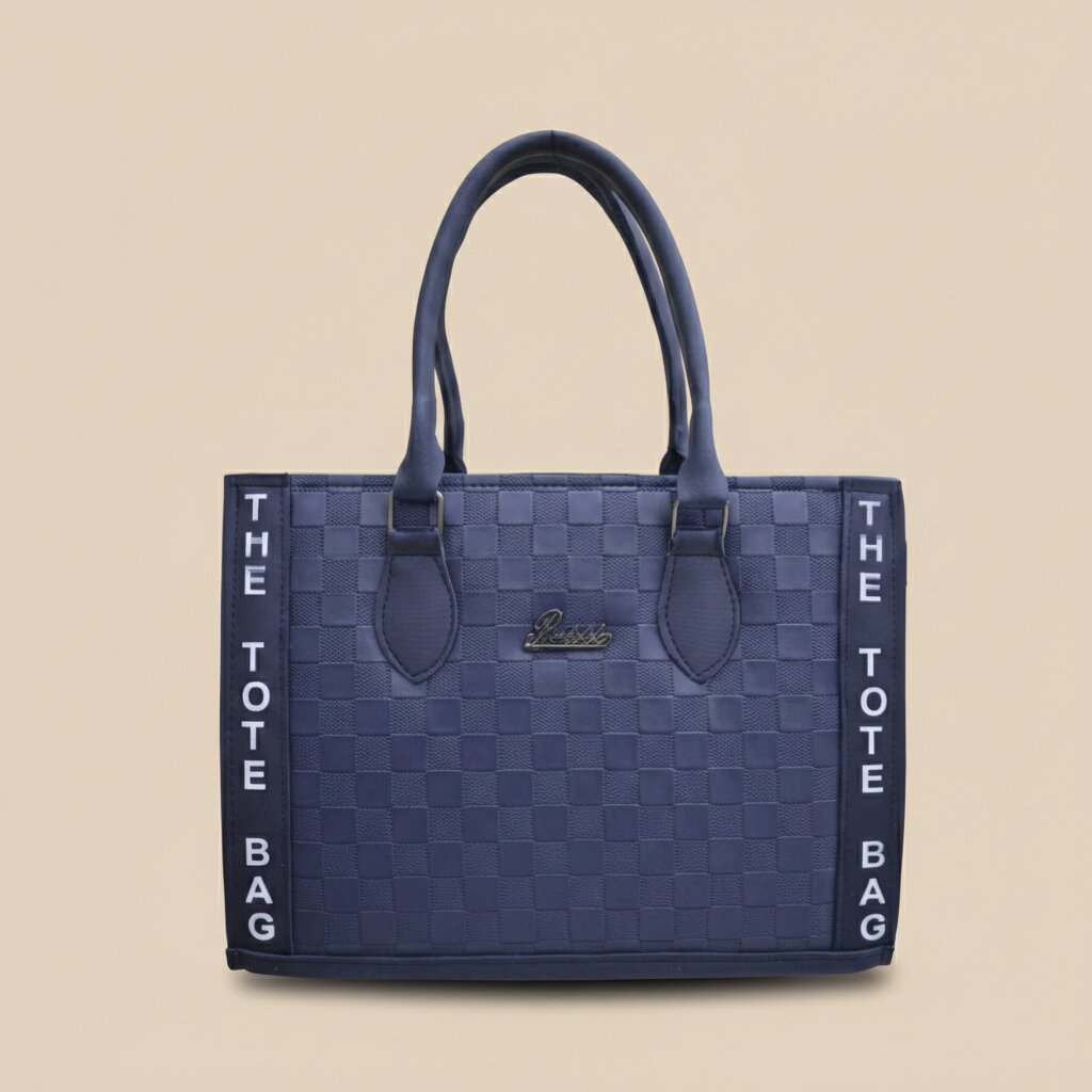 Blue woven tote bag with 'The Tote Bag' text on a beige background