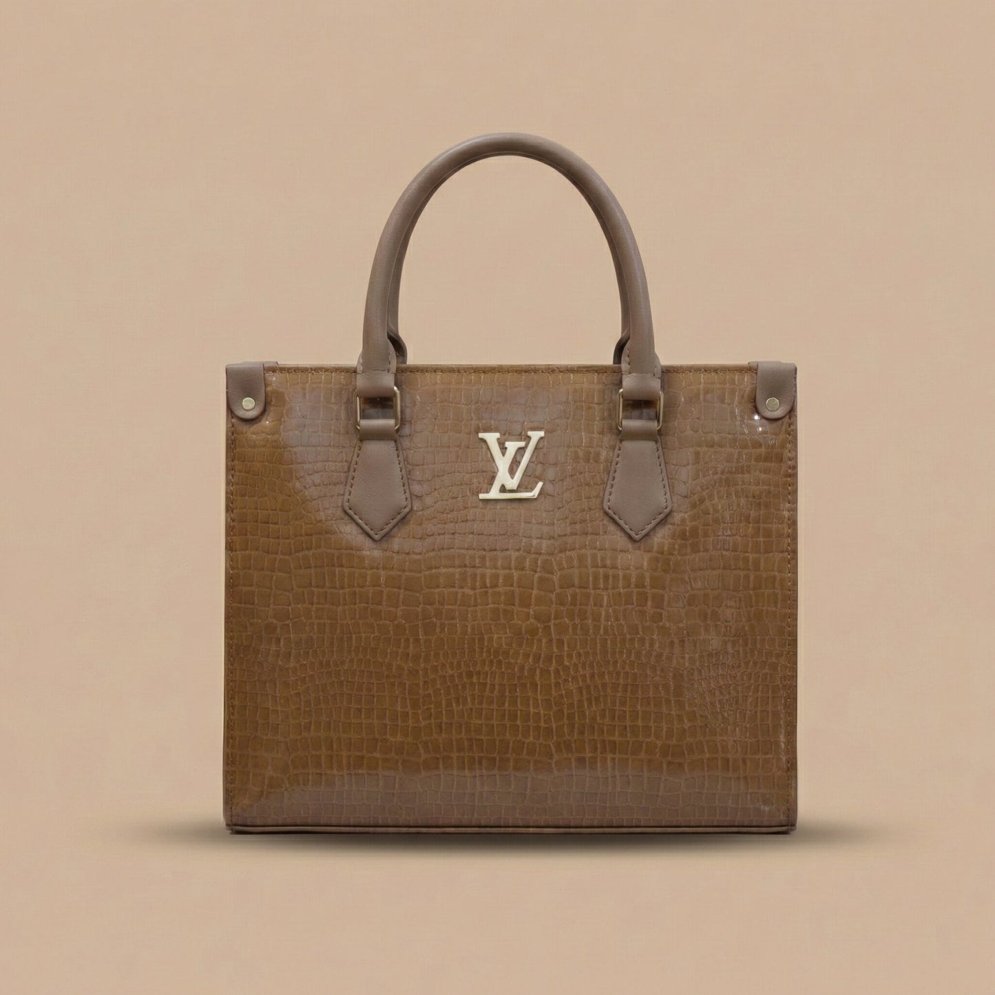 Brown handbag with a visible brand logo on a beige background