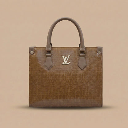 Brown handbag with a visible brand logo on a beige background